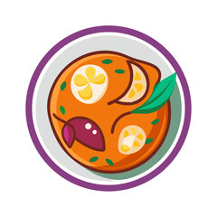 Cartoon style fish soup in bowl, colorful illustration