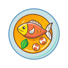 Cartoon fish dish in yellow broth on blue plate