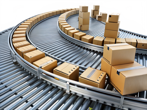 Cardboard Boxes Moving on a Curved Roller Conveyor System packages shipping isolated on a transparent background