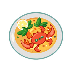 Stylized crab soup with lemon and basil on plate