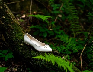White shoe resting on mossy log in lush forest
