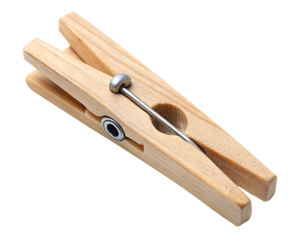 Close-up of Wooden Clothespin with Metal Spring Mechanism clothes peg laundry isolated on a transparent background