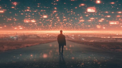 Lone Figure in a Digital Desert Under Notification Sky
