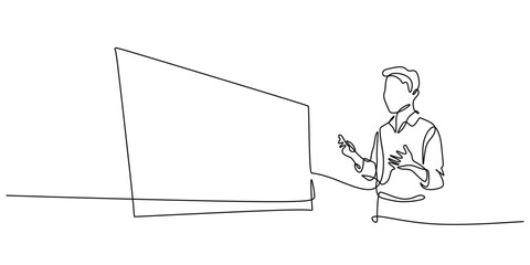 Continuous Line Drawing of a Man Presenting on a Big Screen