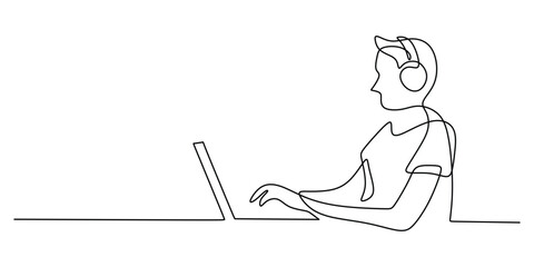 Continuous line drawing of a man with a headset at a laptop