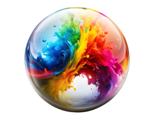 Colorful ink swirling within a transparent glass sphere with bubbles graphic design isolated on a transparent background