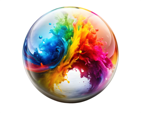 Colorful ink swirling within a transparent glass sphere with bubbles graphic design isolated on a transparent background