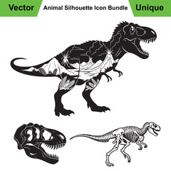 T-Rex Silhouette Collection with Prehistoric Scene, Skull, and Skeleton © GraphicPro