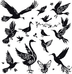 Fototapeta premium Decorative Bird Silhouette Vector Set – Ornamental Floral and Swirl Patterns with Butterflies on White Background