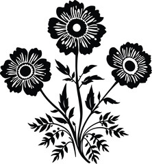Floral Silhouette Vector Illustration – Trio of Bold Black Flowers with Leafy Stems for Tattoos, Decor, and Botanical Design