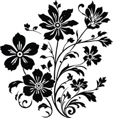 Floral Silhouette Vector Illustration – Elegant Black Bouquet with Stylized Flowers and Swirling Stems for Decor and Tattoo Design