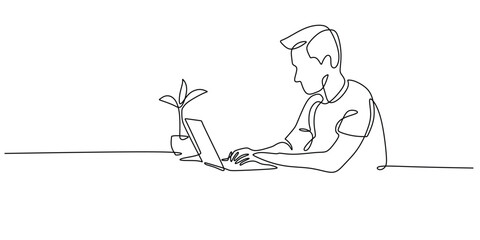 Continuous Line Drawing of a Man Working on a Laptop Computer