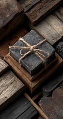 Dark gray soap bar, twine-tied, rests on a small wooden platform amidst a textured arrangement of dark brown and gray reclaimed wood pieces