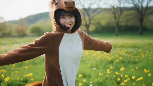草原で馬の着ぐるみと笑顔でダンスする女性。2026年午年の年賀動画素材
