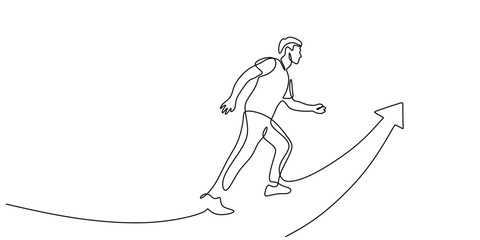 Continuous line drawing of a person walking on an arrow of success