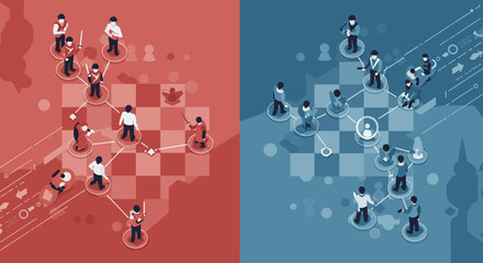 A flat design illustration depicting two opposing teams engaging in strategic planning on a battle map, symbolizing collaboration and foresight in competitive scenarios.