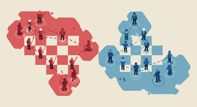 A flat design illustration depicting two opposing teams engaging in strategic planning on a battle map, symbolizing collaboration and foresight in competitive scenarios.