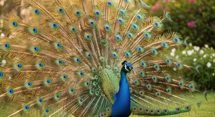 Obraz premium Stunning Peacock Displaying its Feathers in a Garden