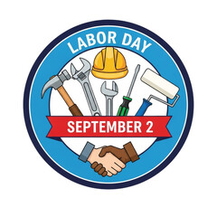Fototapeta premium Labor day september 2th emblem with tools and handshake isolated on transparent background