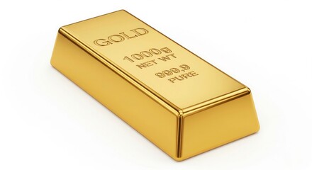 Isolated 3D Render of Gold Bullion Bar with Shiny Embossed Lettering GOLD 1000g NET WT 999.9 PURE
