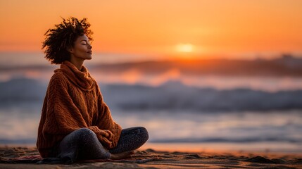 Golden Hour Serenity: Woman in a Cozy Sweater Meditating on a Tranquil Beach