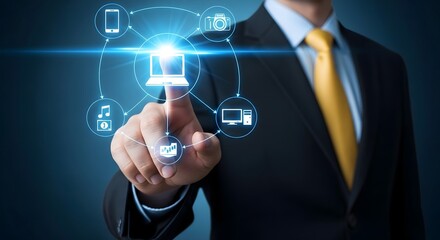 Businessman interacting with futuristic digital interface and technology icons