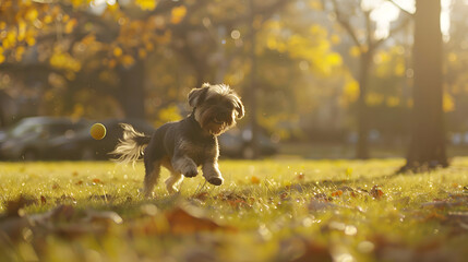 Obraz premium Puppy Running Through Autumn Leaves in Golden Light