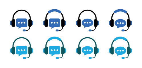 Customer Support Icon Set with Headset and Chat Bubble, Call Center Assistance Symbol, Help Desk Communication and Online Service Vector Illustration