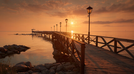 Obraz premium A wooden bridge over a body of water