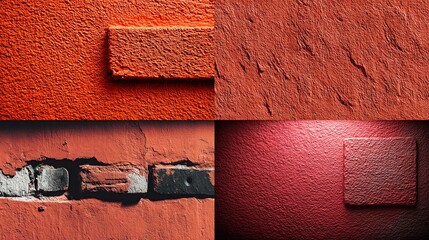 Four panels showcasing textured, reddish-orange painted surfaces.  Two panels depict smooth, slightly rough stucco or plaster; one shows a damaged area