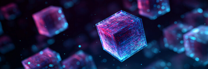 Abstract glowing geometric cube float fantasy pattern of neon light banner.