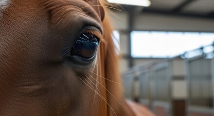Intimate Close-up of a Chestnut Horse's Eye in a Stable