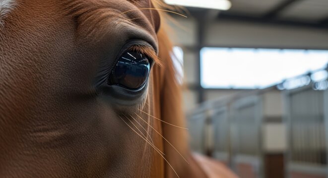 Intimate Close-up of a Chestnut Horse's Eye in a Stable