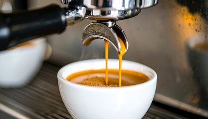 Espresso pouring into a white ceramic cup, showcasing the rich, dark liquid and steam rising.