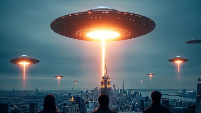 Three Silhouetted Figures Witness a Massive Alien UFO Fleet Invading the New York City Skyline