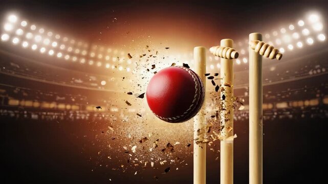 Dynamic cricket ball hitting wickets in stadium lights action for sports marketing visuals - Powered by Adobe