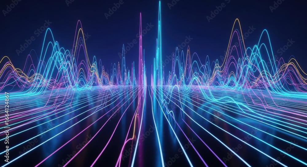 Aufkleber an abstract background featuring neon waves and lines, representing digital data visualization, futu