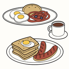Breakfast with eggs, toast, sausage, pancakes, and coffee