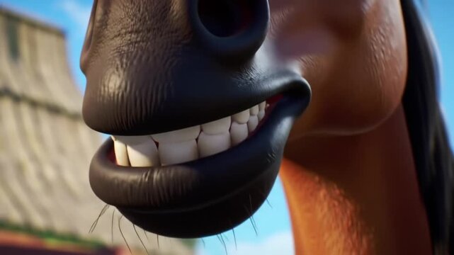 A charming close-up of an animated horse's talking mouth, showing expressive teeth and gums, conveying humor and joy in a cartoon setting, perfect for children's content or whimsical storytelling
