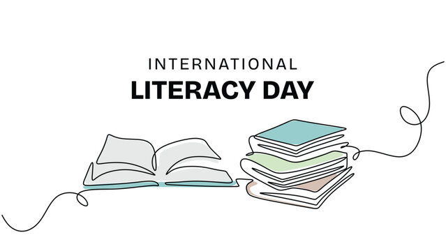 Hand drawn single line art of a book stack for a Literacy Day poster