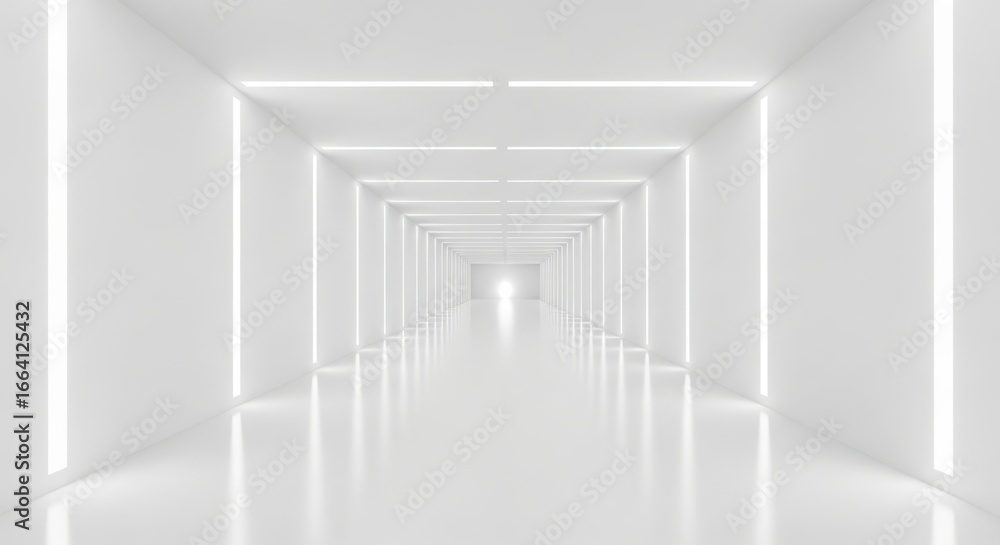Poster a pristine white hallway stretches into the distance, its minimalist design accentuated by linear li