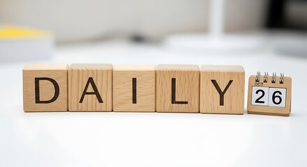Wooden blocks spelling out the word "DAILY" and a small calendar displaying October 26th, set on a white surface.