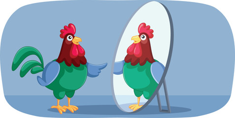 Naklejka premium Cocky Rooster Checking Himself in the Mirror Vector Cartoon. Funny masculine chicken feeling self-important and arrogant