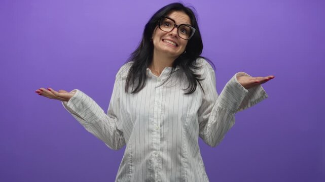 Woman smiling shrugging hand palms up wearing glasses in studio; uncertainty doubt hesitation confusion.