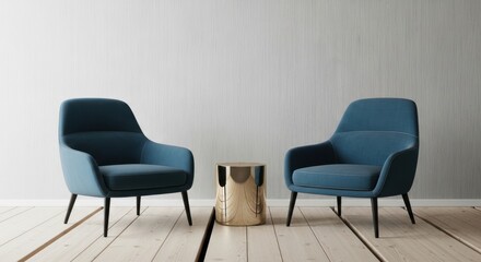 Two modern blue armchairs and a golden side table create a stylish and inviting living room interior