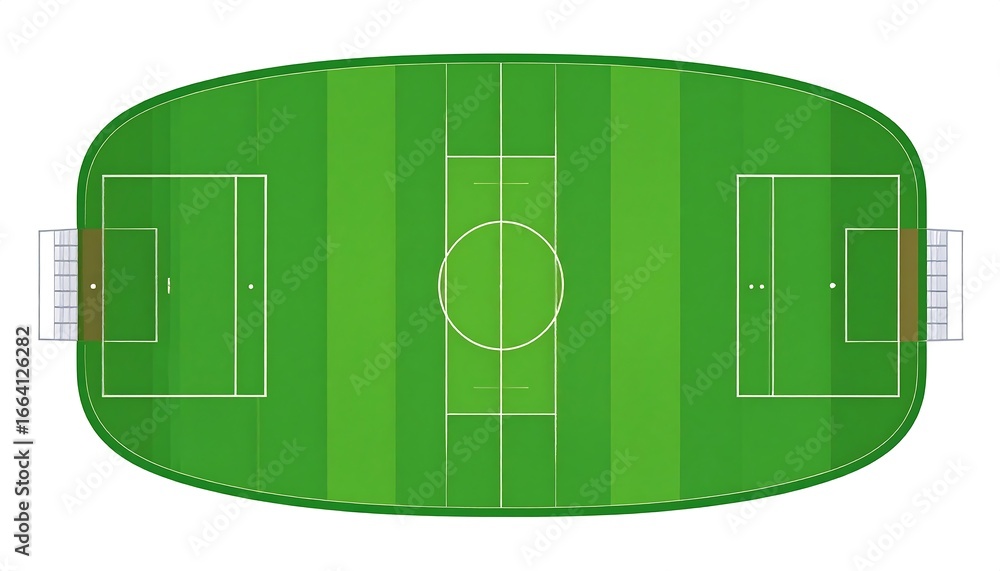 Poster high-angle view of an oval-shaped sports field with marked playing area and two goal structures.