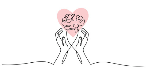 Hand Supporting Brain and Heart, One Line Drawing for Mental Health