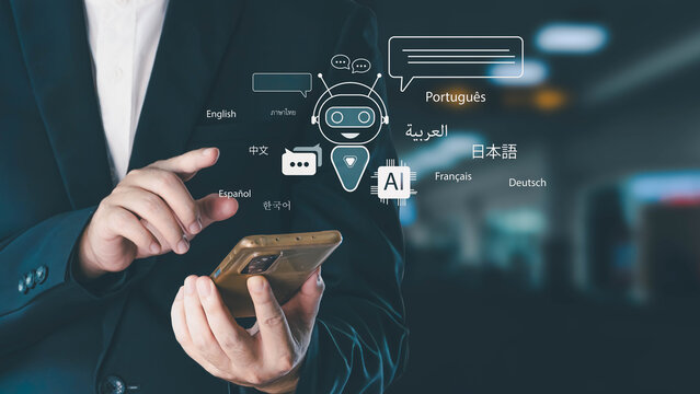 A businessman uses his smartphone to access an AI chatbot for multi-language translation. The futuristic interface shows various languages, symbolizing global communication technology.