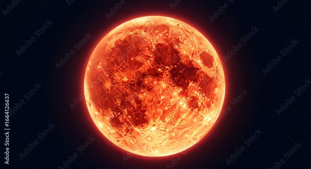 Poster a mesmerizing view of a fiery red planet glowing intensely in the vast expanse of space, surrounded 
