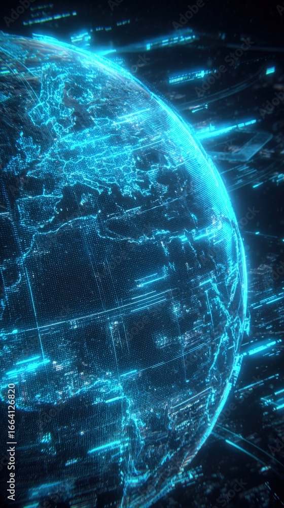 Poster global digital network visualization: futuristic earth representation with data streams and technolo